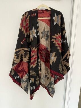 Aztec-Print Open-Front Cape in Black, Red & Tan Poncho
